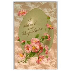 Vintage Embossed Easter Postcard Daisies & Egg "A Blessed and Peaceful Easter"